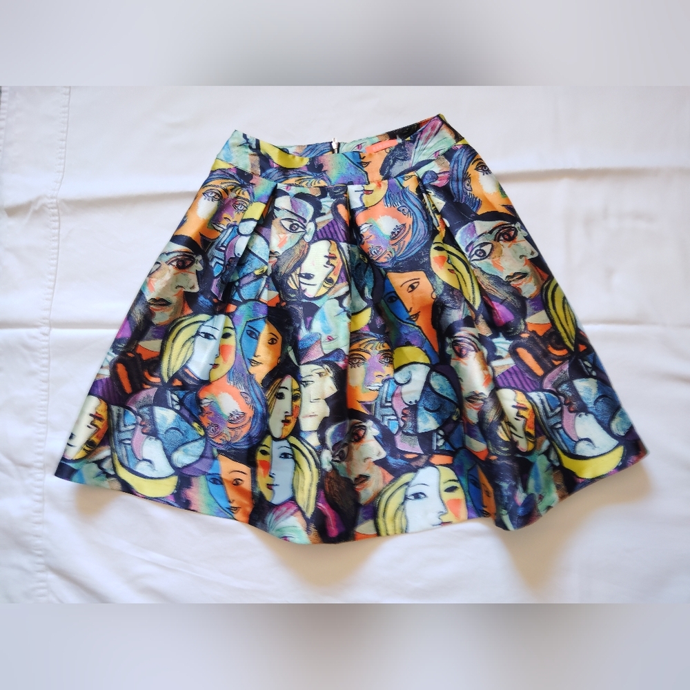 Banjul Picasso Style Colorful Face Art Flair Poofy Skirt ~ Lined ~ Size Large